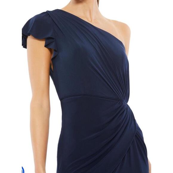 $348 Ieena Mac Duggal NWT Ruffled One Shoulder Draped Gown in Midnight Size 2 - Picture 3 of 9